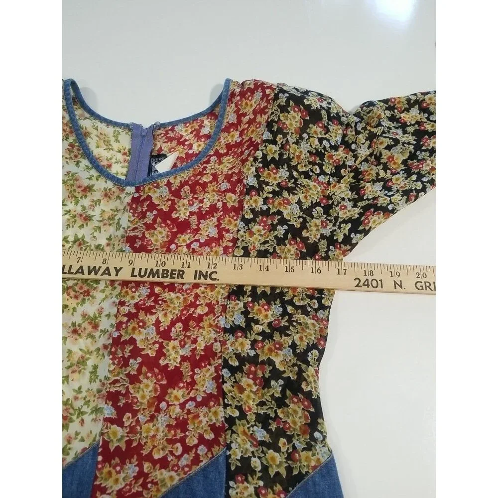 Tickets Vintage‎ Dress S Cottagecore Floral Top Denim Skirt Long Sleeve Knee